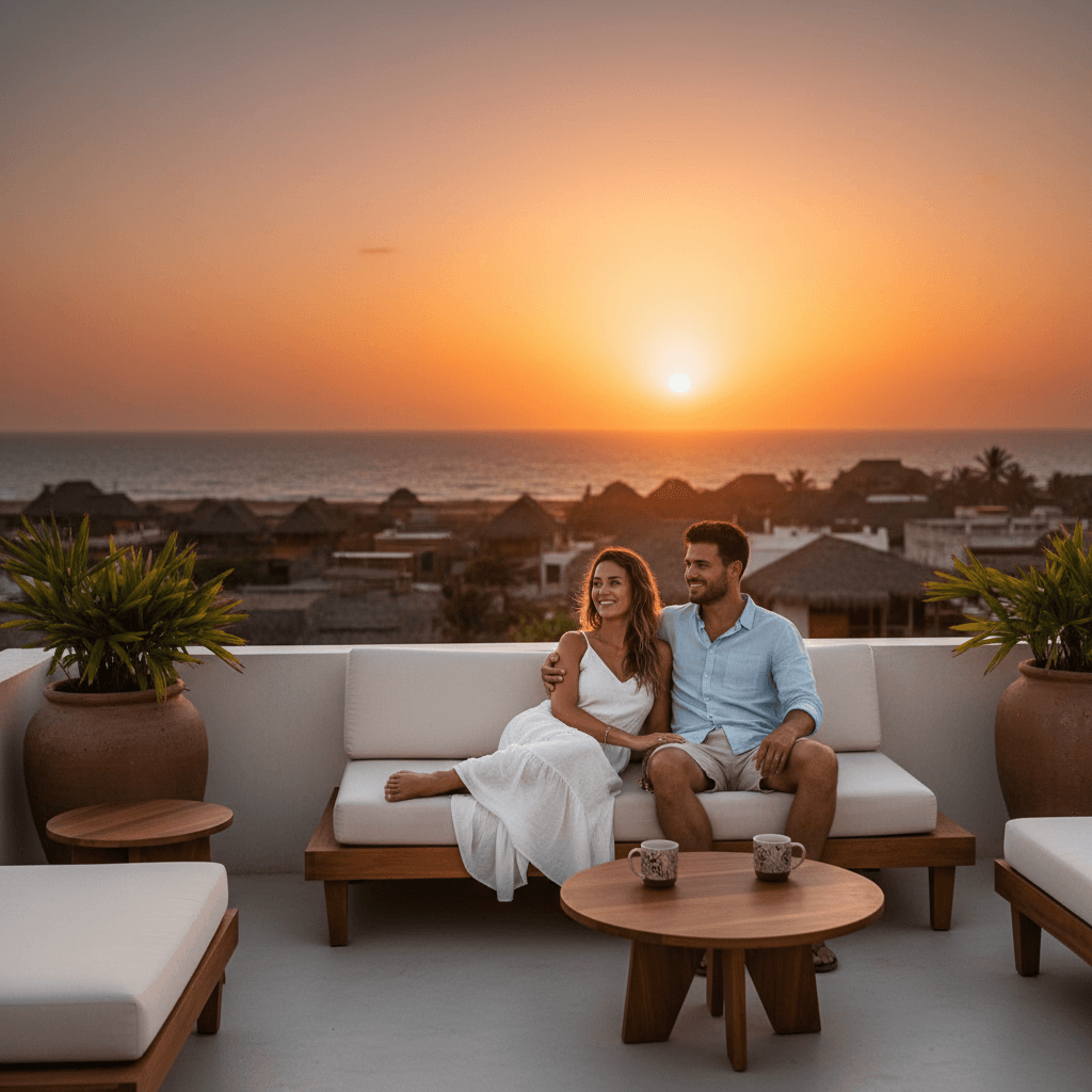 Couple enjoying sunset views from Portal do Kite's rooftop lounge