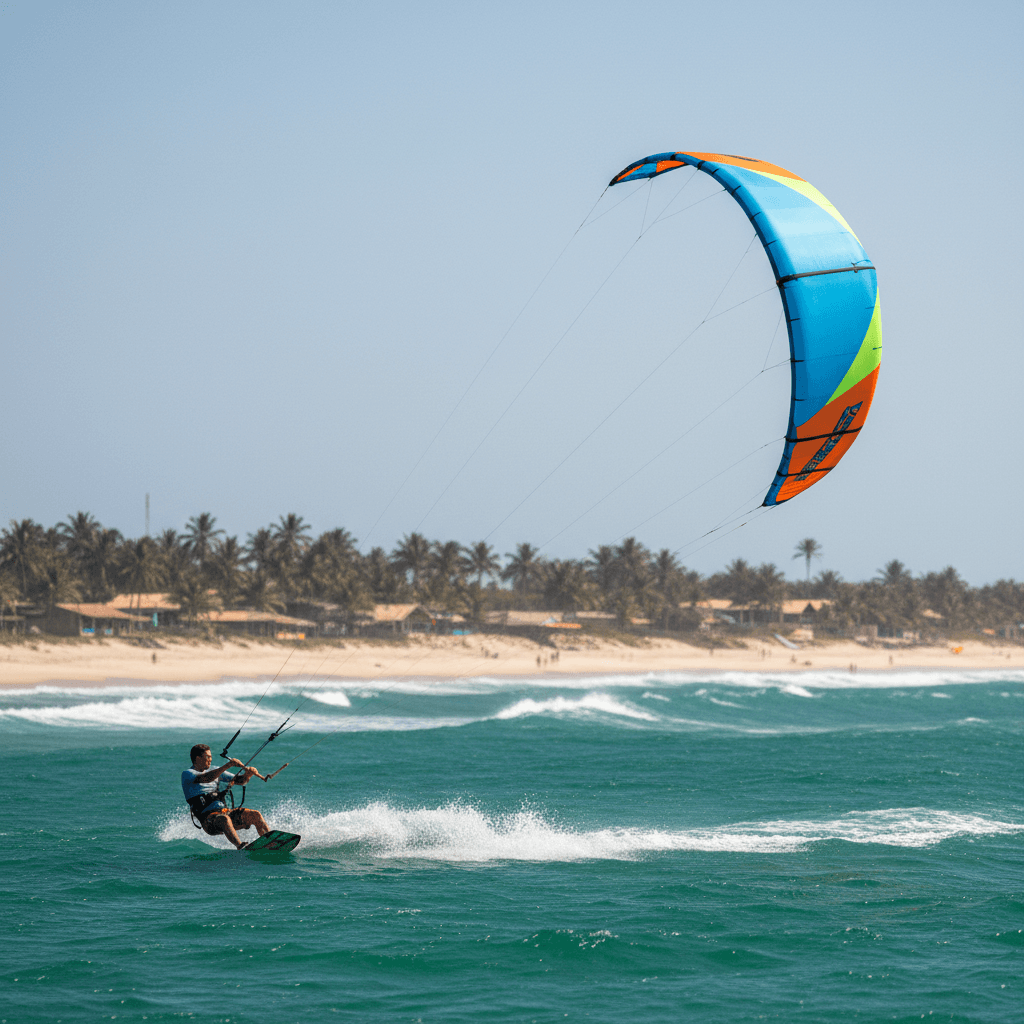 Kitesurfer riding waves