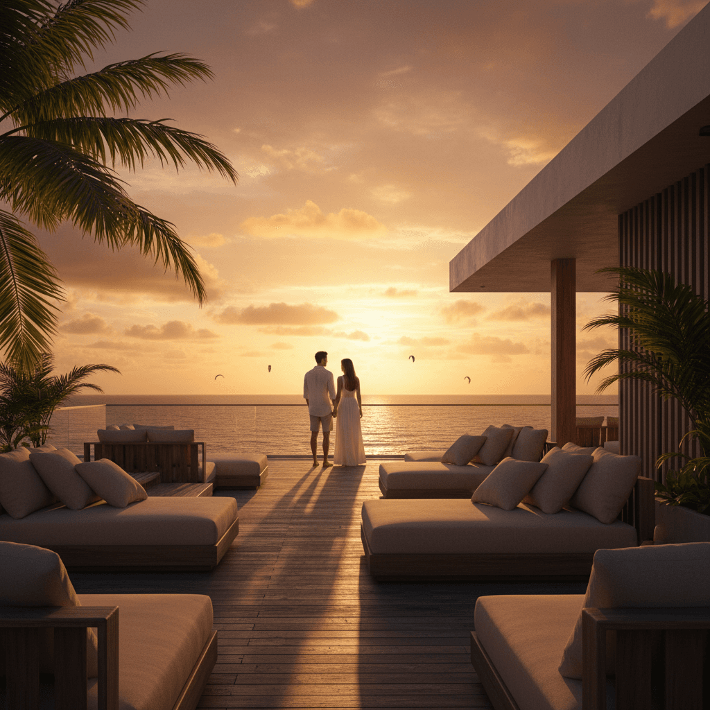 Couple enjoying sunset at rooftop lounge