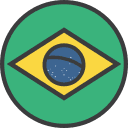 Circular Brazilian flag icon featuring a green field, yellow diamond, and starry blue globe.